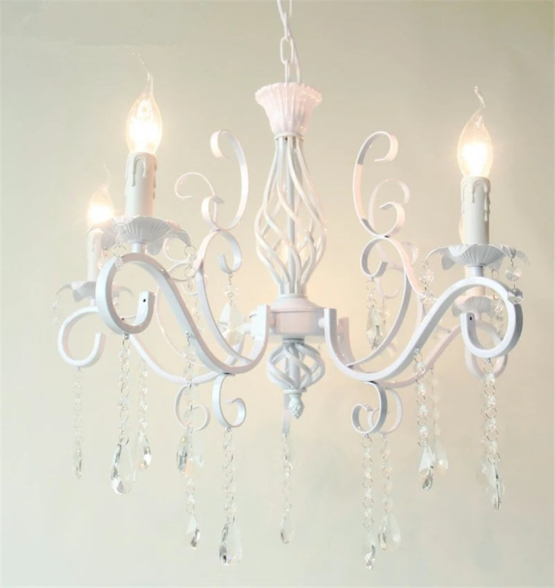Home Vintage Wrought Iron Crystal Chandelier White Ceiling Lamp E14 Candle Lights Lighting Fixture