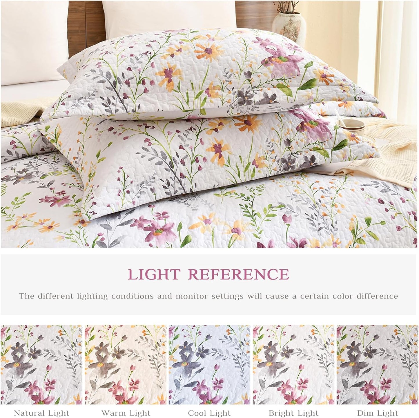 Luxurious Cotton Quilted Pillow Shams Set - Botanical & Wild Floral Pattern King Pillow Cases (Set of 2) for Cozy Bedroom Decor