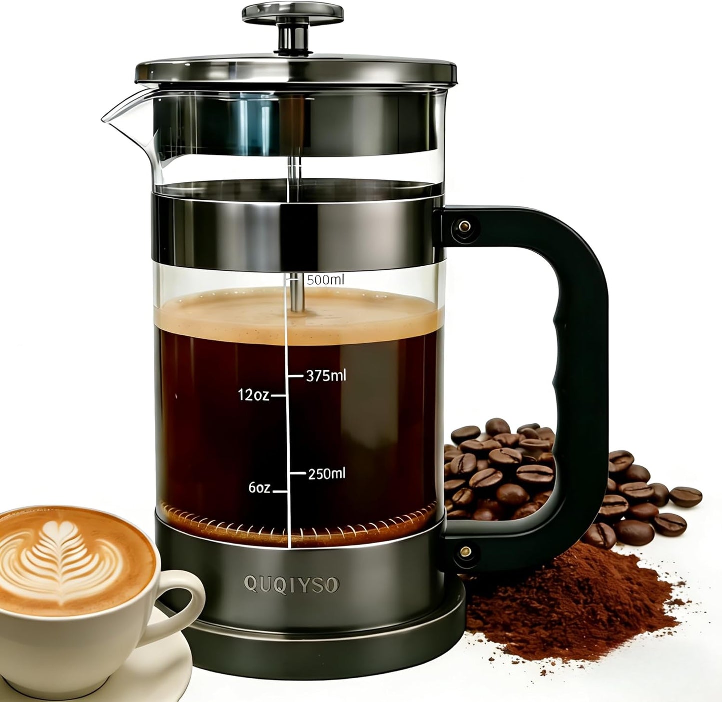 French Press Coffee Maker 21Oz 304 Stainless Steel French Press with 4 Filter, Cold Brew Teapot Heat Resistant Durable, Easy to Clean, Thickened Borosilicate Glass Coffee Press, Dark Pewter