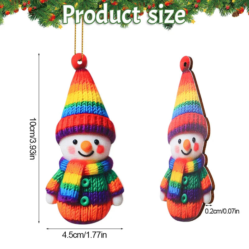 Mini Wooden Snowman Christmas Tree Ornaments – Flat Colorful Knit-Look Holiday Hanging Pendant Decorations