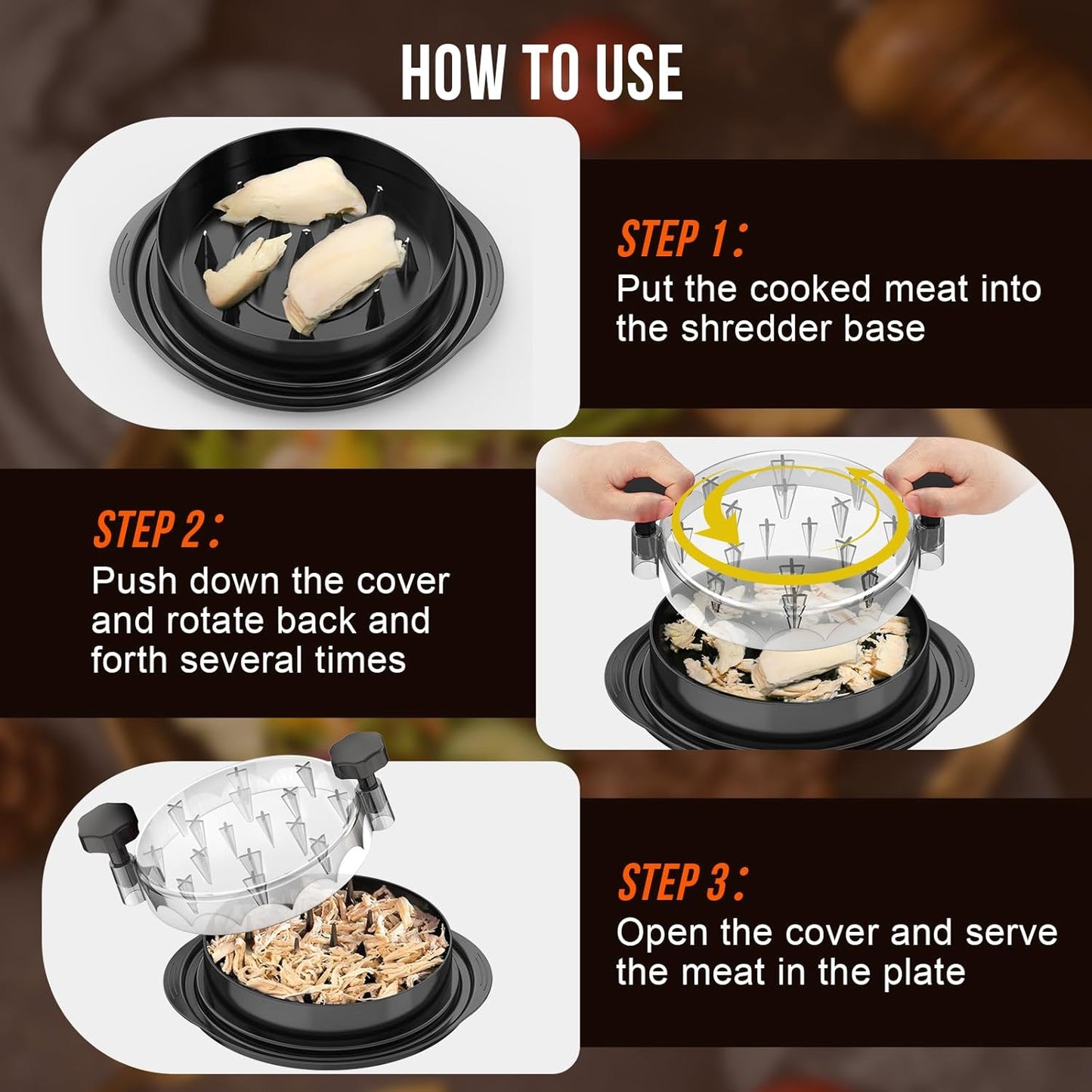 Chicken Shredder 8 Inches, Chicken Shredder Tool Twist for Pork Beef Chicken, Meat Shredder, Clear Lid, Ergonomic Handle, Strong Anti-Slip, BPA Free, Easy to Clean, Dishwasher Safe (Black)