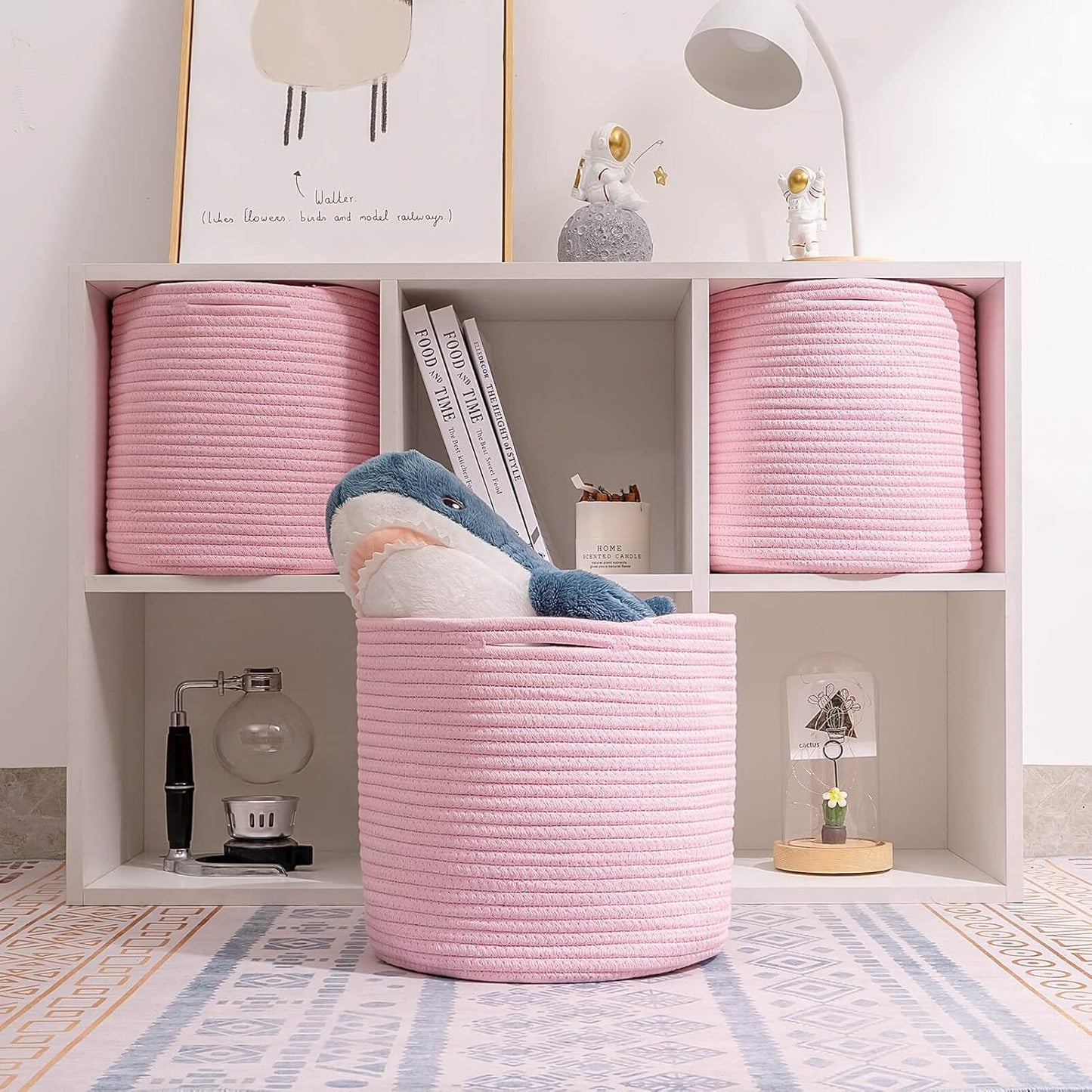 Storage Cubes Baskets Bins Organizer 11X11X11'' Fit 12X12''Cube Storage Organizer Bookcases Shelf,Durable Woven Cotton Storage Basket for Organizing,Round 3Pack Pink