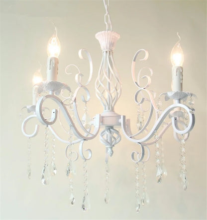 Home Vintage Wrought Iron Crystal Chandelier White Ceiling Lamp E14 Candle Lights Lighting Fixture