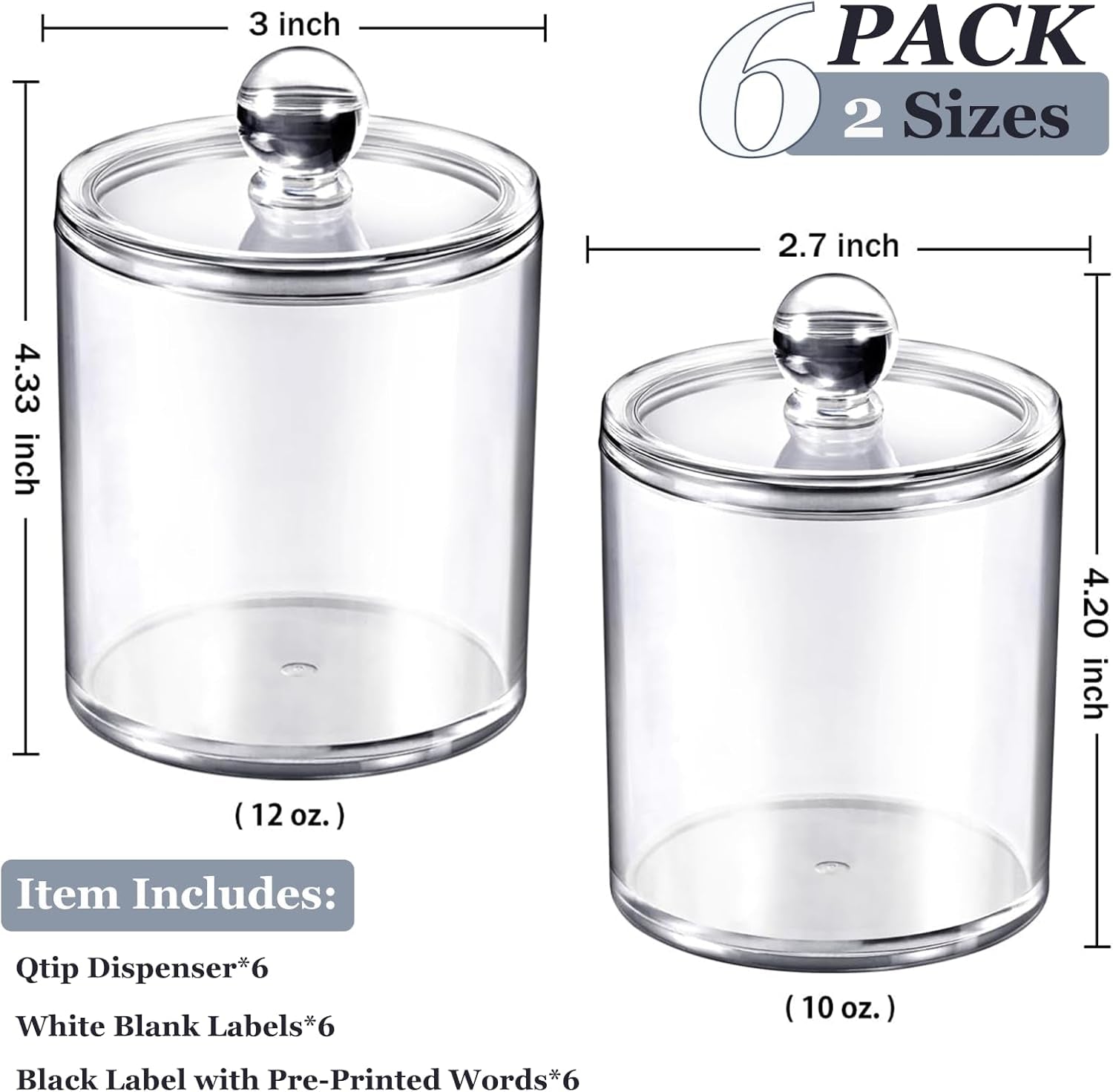6 Pack Acrylic Qtip Holder with Labels, Qtip Jars for Bathroom | (3) 10Oz & (3) 12Oz Qtip Holder Set Shatterproof Bathroom Vanity Organizer for Cotton Swabs, Balls, Pads - Minimalist Decor
