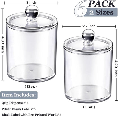 6 Pack Acrylic Qtip Holder with Labels, Qtip Jars for Bathroom | (3) 10Oz & (3) 12Oz Qtip Holder Set Shatterproof Bathroom Vanity Organizer for Cotton Swabs, Balls, Pads - Minimalist Decor