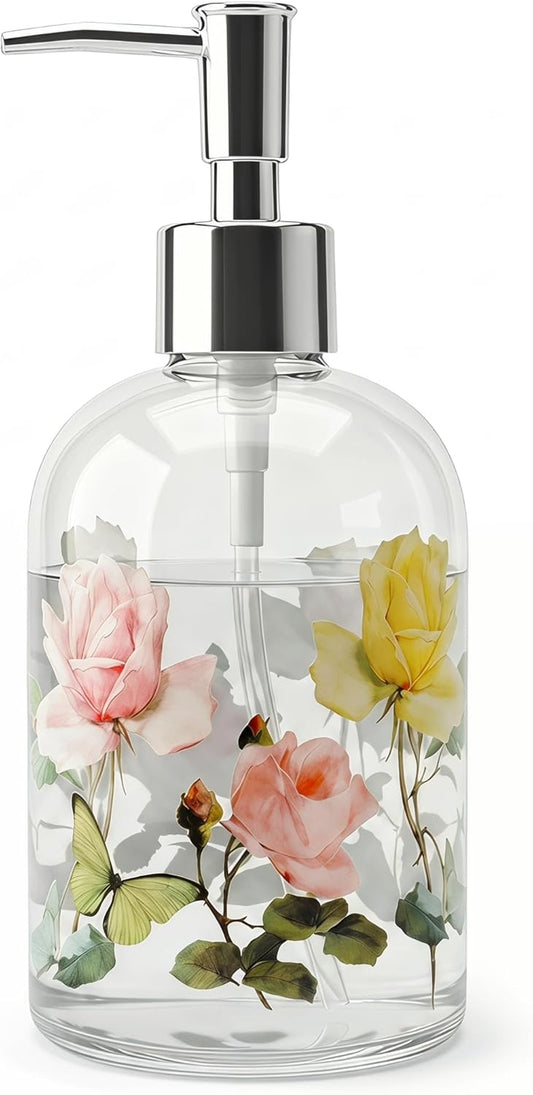 Floral Glass Soap Dispenser 17Oz, Vintage Rose & Butterfly Hand Soap Pump Bottle, Refillable Bathroom & Kitchen Soap Dispenser, Decorative Farmhouse Cottage Countertop Decor