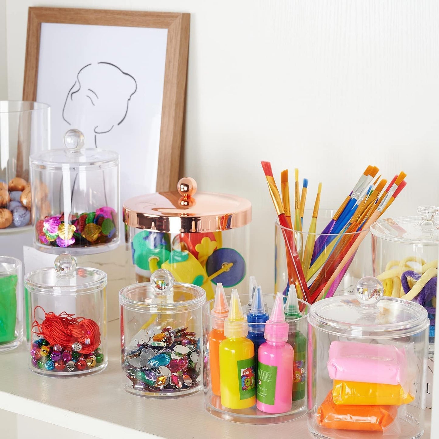 6 Pack Acrylic Qtip Holder with Labels, Qtip Jars for Bathroom | (3) 10Oz & (3) 12Oz Qtip Holder Set Shatterproof Bathroom Vanity Organizer for Cotton Swabs, Balls, Pads - Minimalist Decor