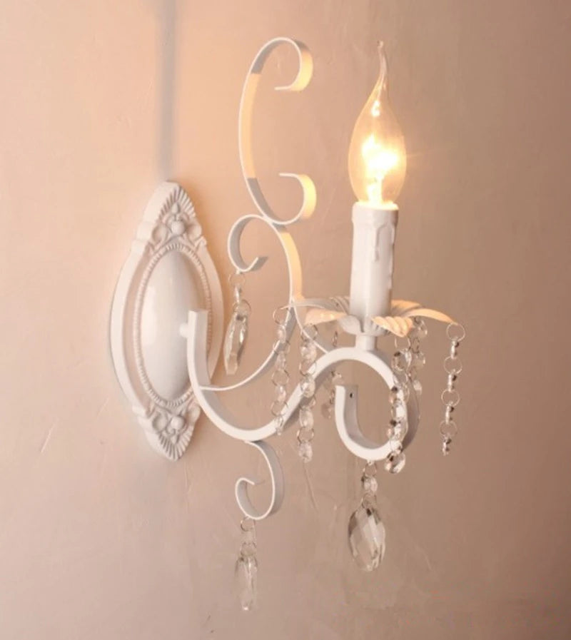 Home Vintage Wrought Iron Crystal Chandelier White Ceiling Lamp E14 Candle Lights Lighting Fixture