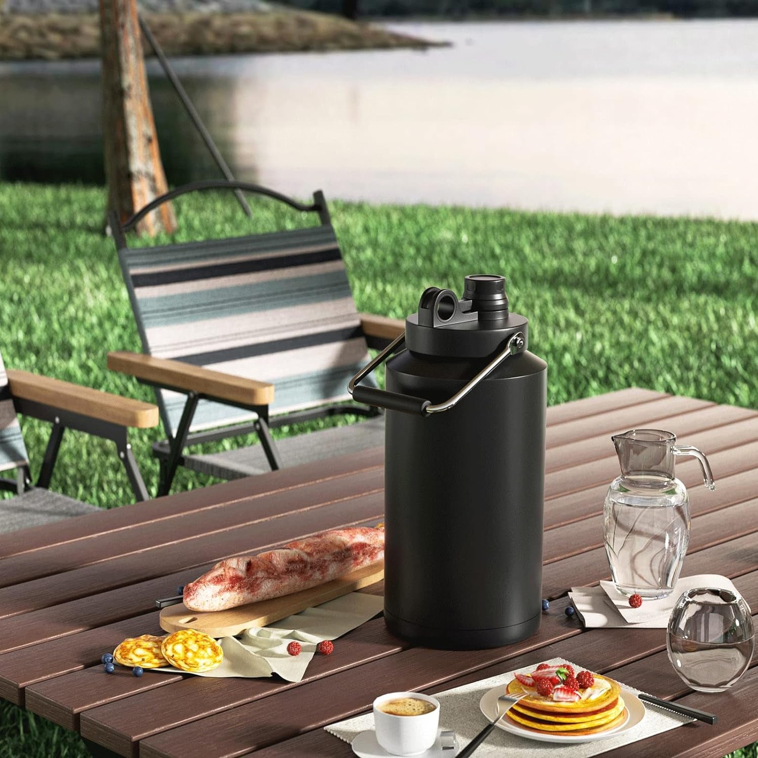 Insulated Gallon Jug with Handle, One Gallon, 128Oz Stainless Steel, Large Double Vacuum Water Bottle for Hot & Cold Drinks, Wide Mouth, Sweat Proof, Great for Travel, Camping, Black