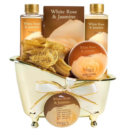 White Rose and Jasmine Bath and Body Gift Set in Decorative Tub, Luxury Spa Shower and Bath Gift for Women Valentines Gift