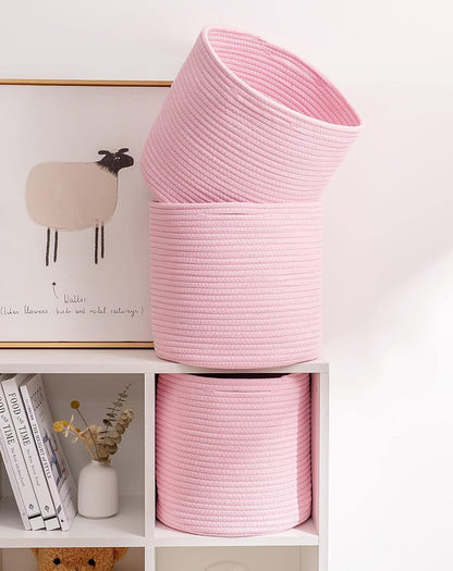 Storage Cubes Baskets Bins Organizer 11X11X11'' Fit 12X12''Cube Storage Organizer Bookcases Shelf,Durable Woven Cotton Storage Basket for Organizing,Round 3Pack Pink