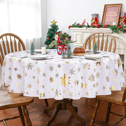 Christmas Tablecloth round 60 Inch, Gold Foil Print Snowflake Table Cloth Washable, Waterproof Wrinkle Resistant White Table Cover for Party Dinner Decorations, Gifts