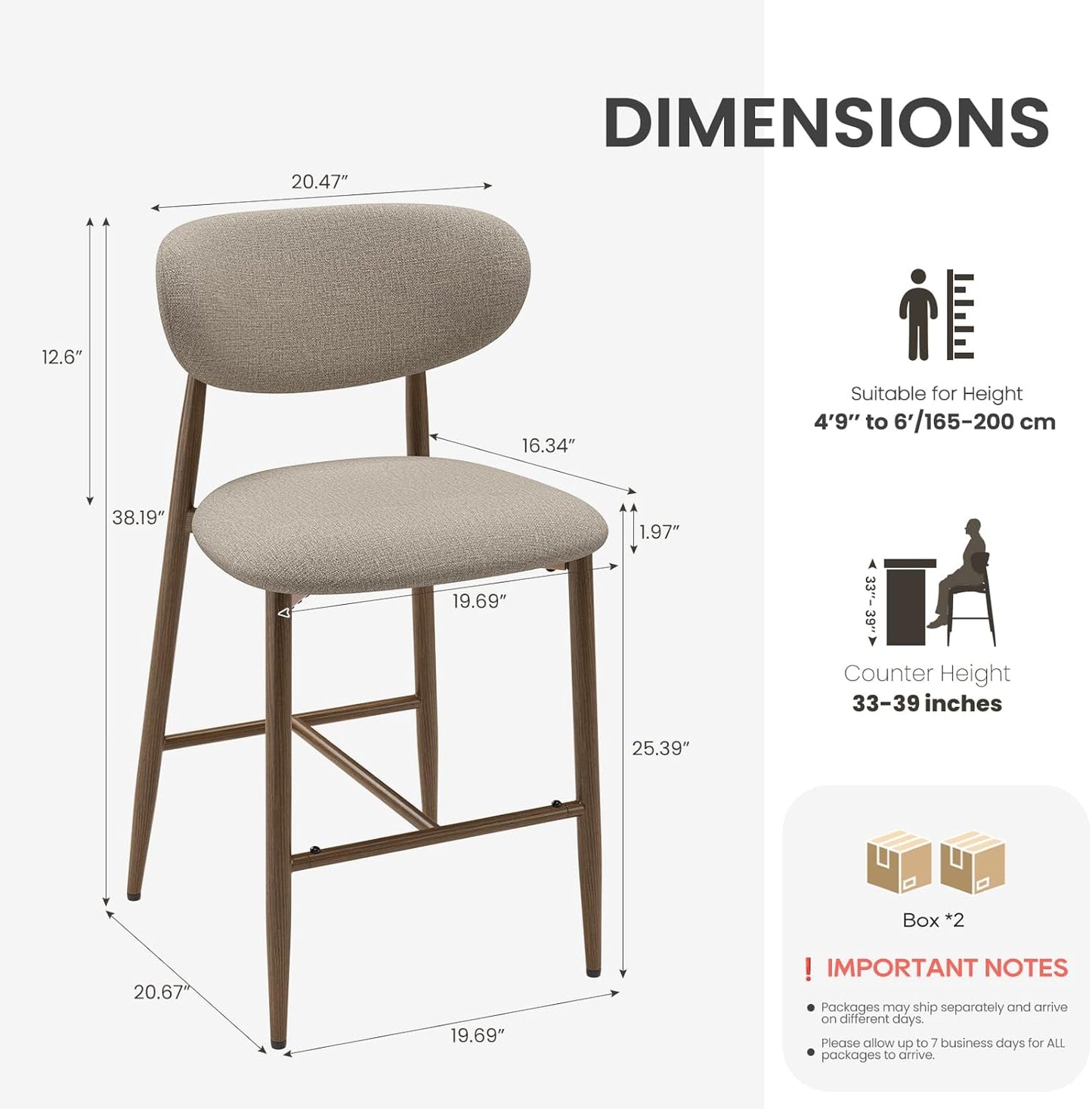 Bar Stools Set of 4, Counter Height Bar Stools, Kitchen Bar Stools with Backs, Modern Upholstered, Modern Bar Stools with Metal Legs for Kitchen Island, Counter, Camel