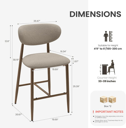 Bar Stools Set of 4, Counter Height Bar Stools, Kitchen Bar Stools with Backs, Modern Upholstered, Modern Bar Stools with Metal Legs for Kitchen Island, Counter, Camel