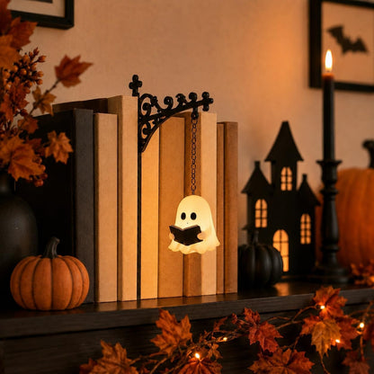 Ghost Bookshelf Lantern, Cute Ghost Reading Book Lamp, Ghosts Reading Statue Halloween Decor Lamp, for Bookshelves, Browsing Nooks, Halloween Displays, Gentle Warm LED Night Light