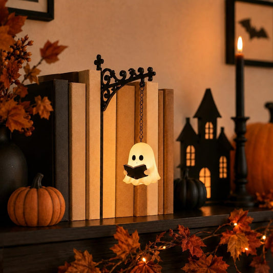 Ghost Bookshelf Lantern, Cute Ghost Reading Book Lamp, Ghosts Reading Statue Halloween Decor Lamp, for Bookshelves, Browsing Nooks, Halloween Displays, Gentle Warm LED Night Light