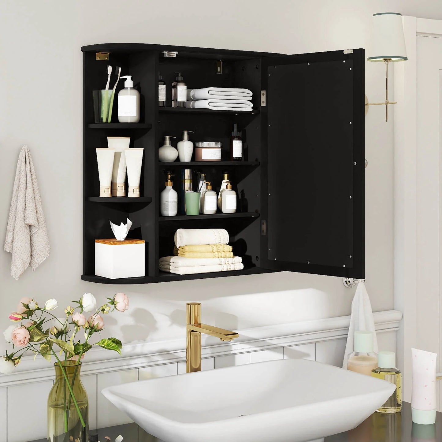 Multipurpose Mount Wall Surface Bathroom Storage Cabinet Mirror Black