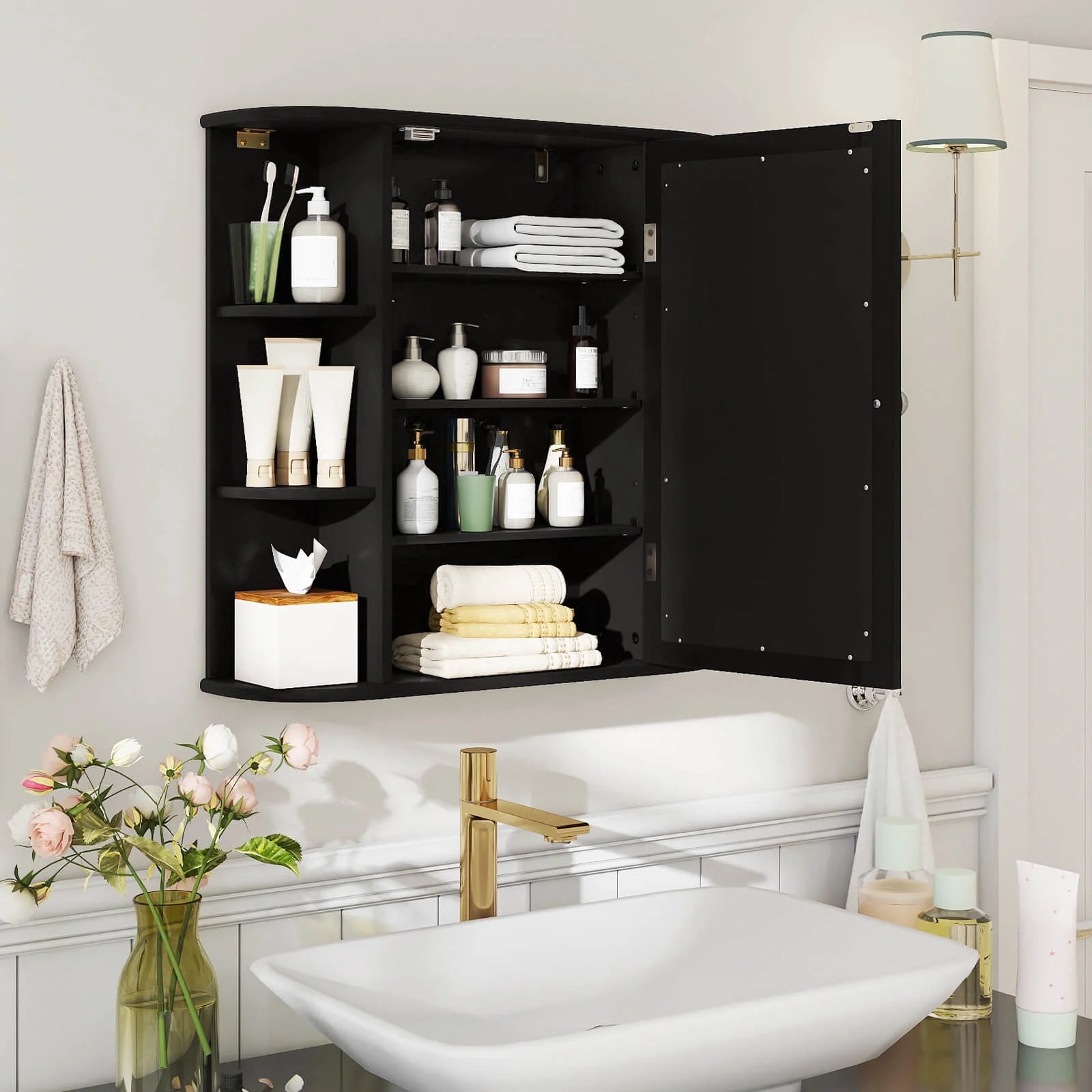Multipurpose Mount Wall Surface Bathroom Storage Cabinet Mirror Black