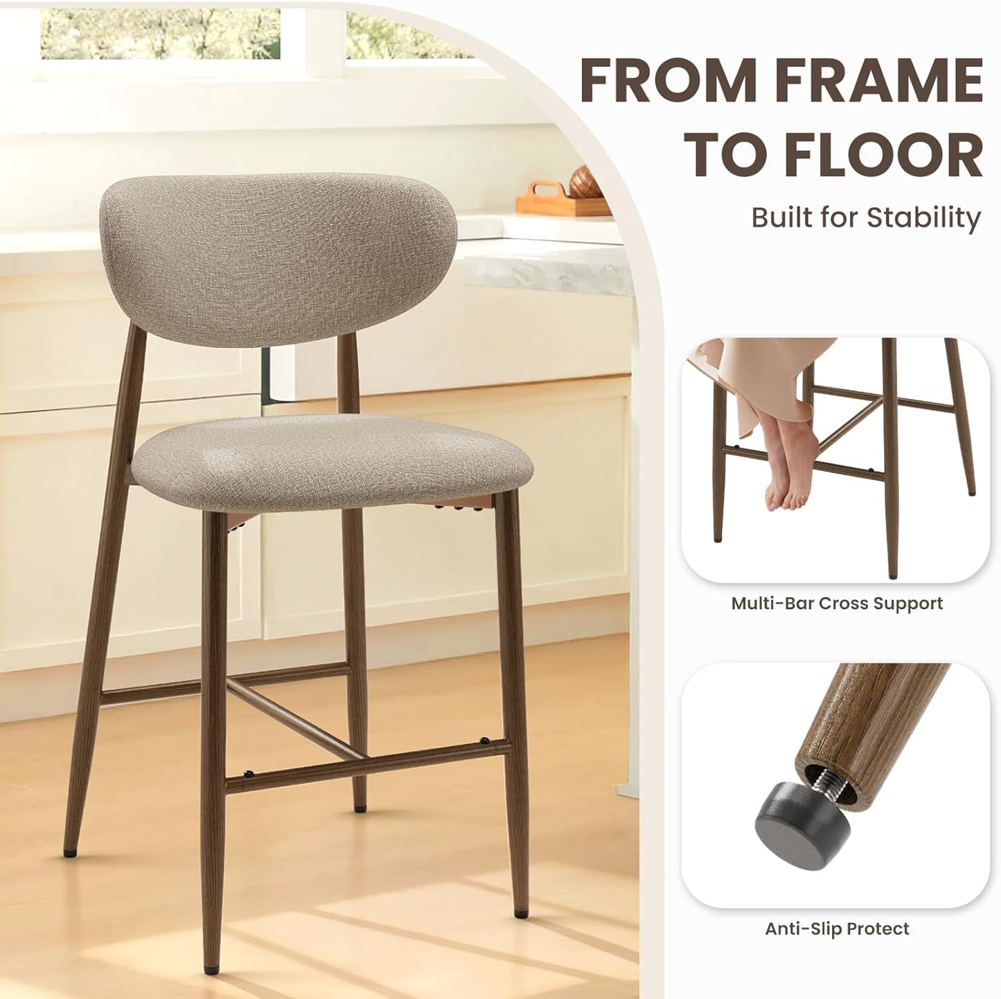 Bar Stools Set of 4, Counter Height Bar Stools, Kitchen Bar Stools with Backs, Modern Upholstered, Modern Bar Stools with Metal Legs for Kitchen Island, Counter, Camel