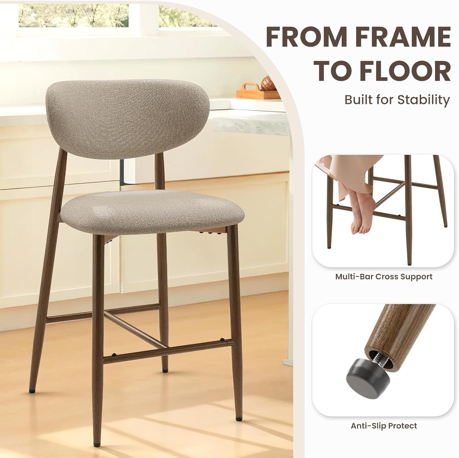 Bar Stools Set of 4, Counter Height Bar Stools, Kitchen Bar Stools with Backs, Modern Upholstered, Modern Bar Stools with Metal Legs for Kitchen Island, Counter, Camel