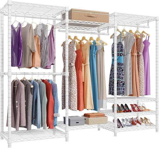 V5 Portable Closet Wardrobe Heavy Duty Clothes Rack, Freestanding Clothing Racks with 4 Hang Rods & 8 Shelves, Adjustable Custom Closet Racks, 68.9" L X 15.7" W X 76.4" H, Max Load 890LBS, White