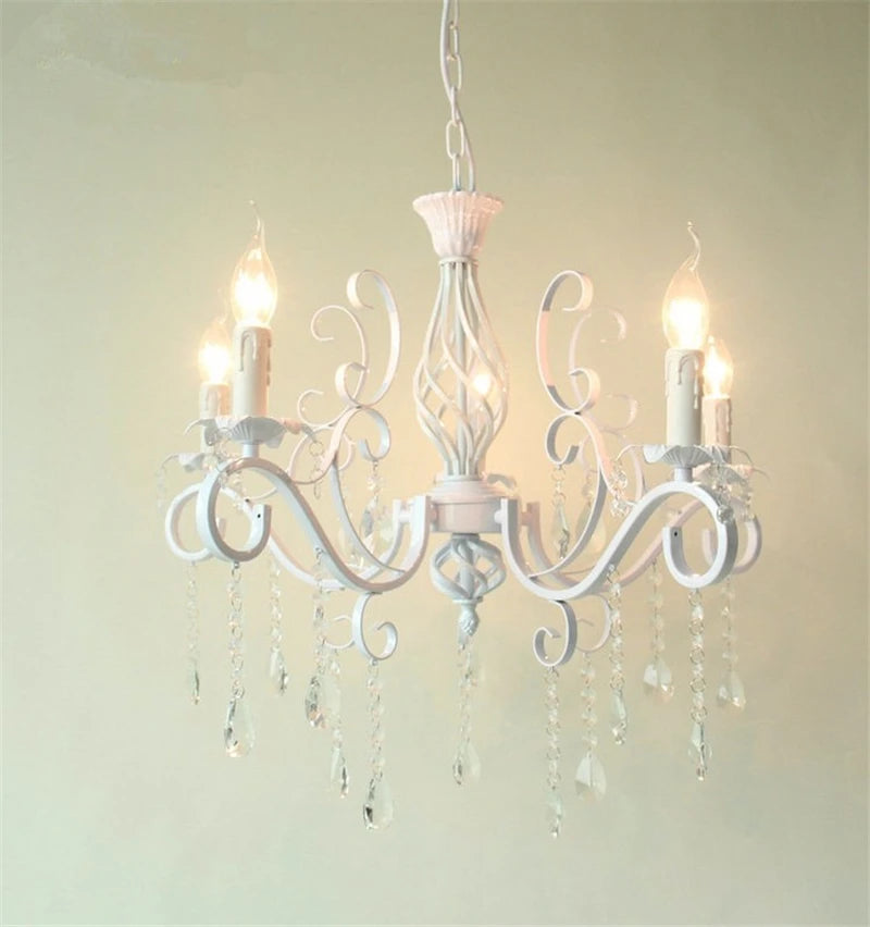 Home Vintage Wrought Iron Crystal Chandelier White Ceiling Lamp E14 Candle Lights Lighting Fixture