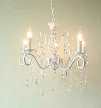 Home Vintage Wrought Iron Crystal Chandelier White Ceiling Lamp E14 Candle Lights Lighting Fixture