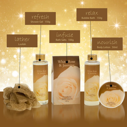 White Rose and Jasmine Bath and Body Gift Set in Decorative Tub, Luxury Spa Shower and Bath Gift for Women Valentines Gift