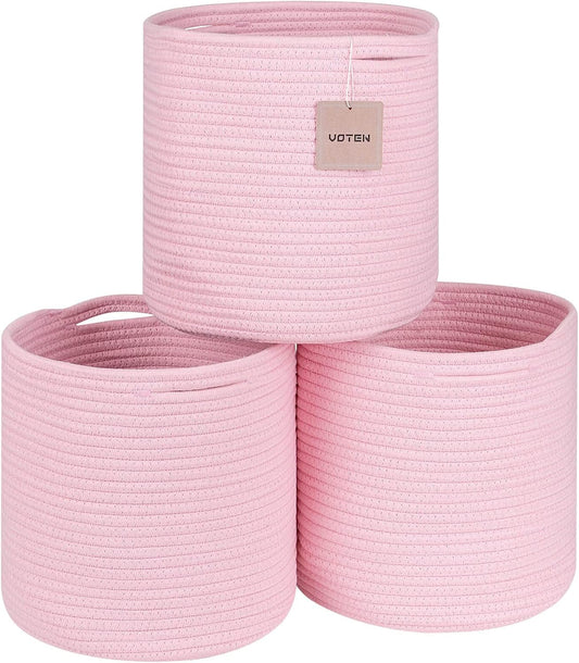 Storage Cubes Baskets Bins Organizer 11X11X11'' Fit 12X12''Cube Storage Organizer Bookcases Shelf,Durable Woven Cotton Storage Basket for Organizing,Round 3Pack Pink