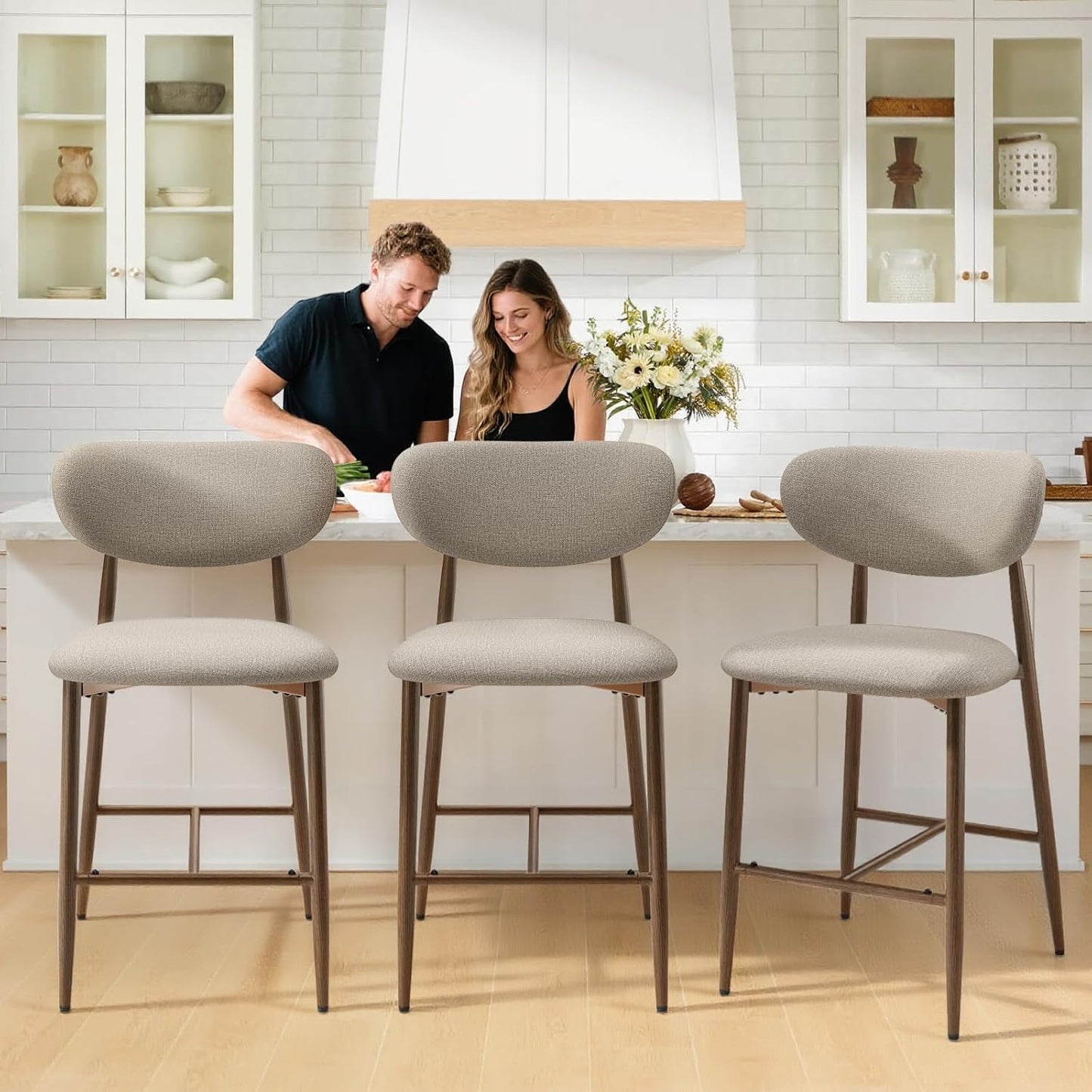 Bar Stools Set of 4, Counter Height Bar Stools, Kitchen Bar Stools with Backs, Modern Upholstered, Modern Bar Stools with Metal Legs for Kitchen Island, Counter, Camel