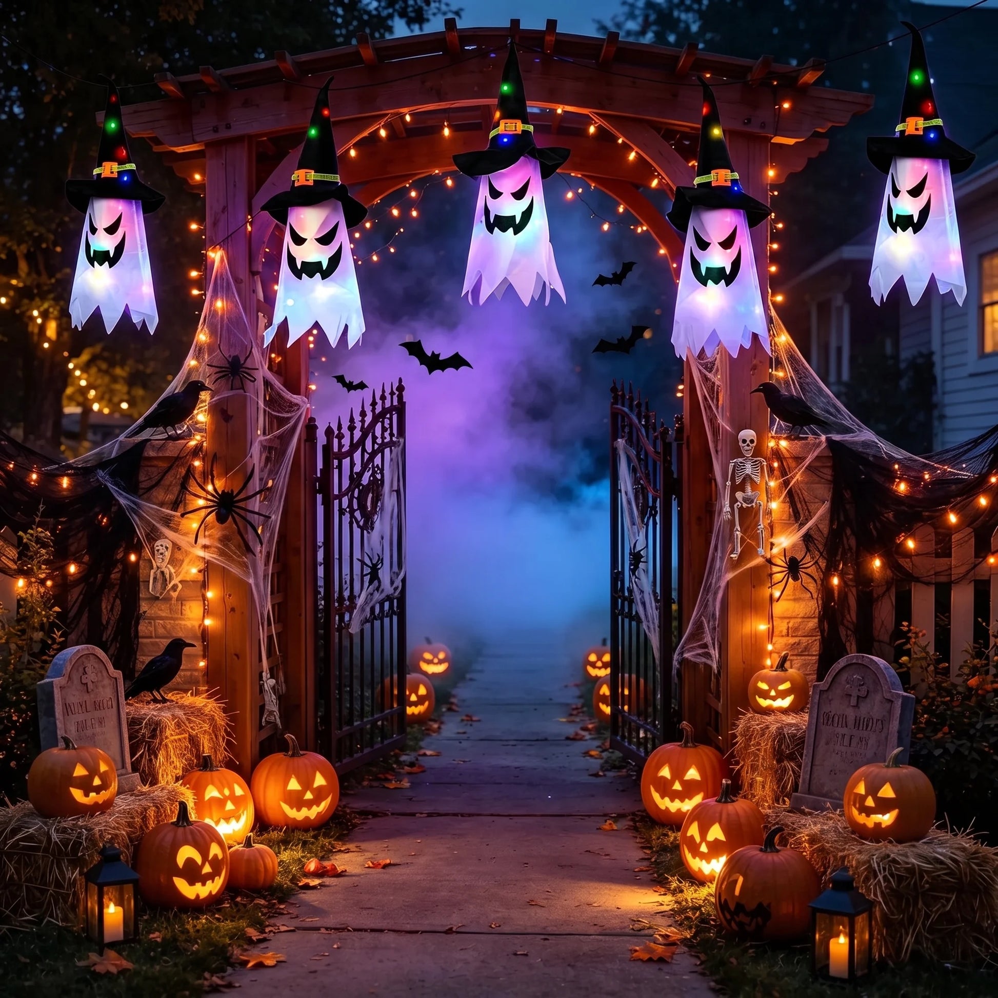 Halloween Decorations Indoor Outdoor, 5 Pcs Halloween Lights Glowing Ghost Witch Hat Ornaments Gifts for Home Garden Yard