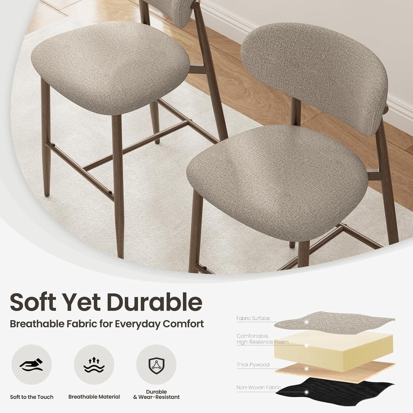 Bar Stools Set of 4, Counter Height Bar Stools, Kitchen Bar Stools with Backs, Modern Upholstered, Modern Bar Stools with Metal Legs for Kitchen Island, Counter, Camel