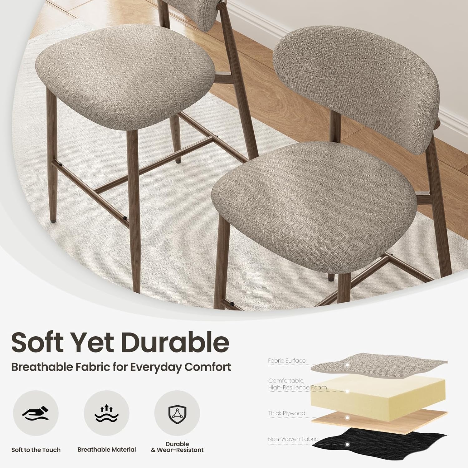 Bar Stools Set of 4, Counter Height Bar Stools, Kitchen Bar Stools with Backs, Modern Upholstered, Modern Bar Stools with Metal Legs for Kitchen Island, Counter, Camel