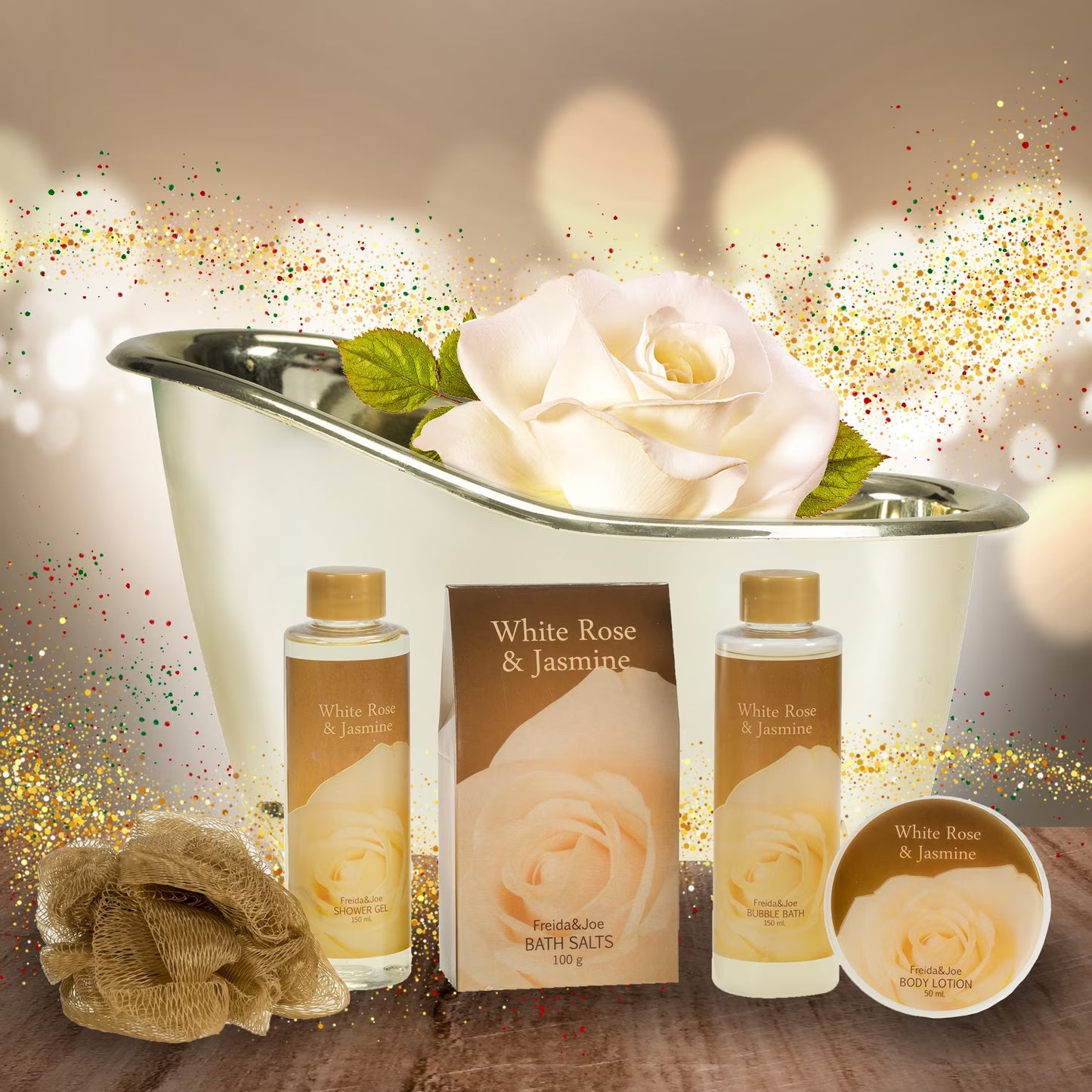 White Rose and Jasmine Bath and Body Gift Set in Decorative Tub, Luxury Spa Shower and Bath Gift for Women Valentines Gift