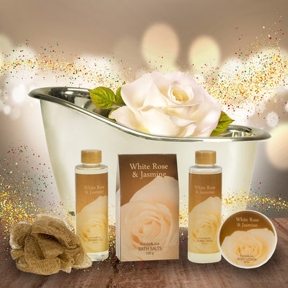 White Rose and Jasmine Bath and Body Gift Set in Decorative Tub, Luxury Spa Shower and Bath Gift for Women Valentines Gift
