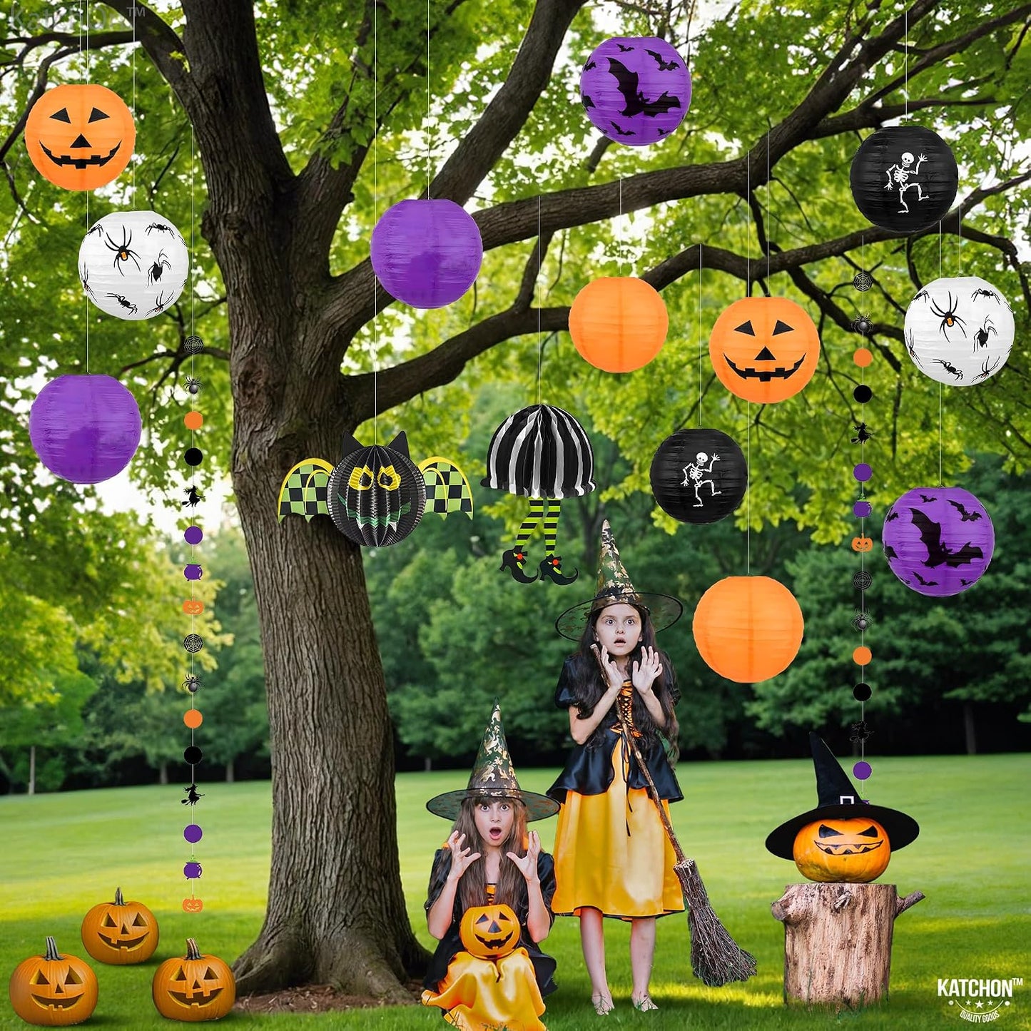 Halloween Hanging Paper Lanterns Set, Pack of 15 | Halloween Paper Lanterns, Halloween Honeycomb Decorations for Halloween Decorations