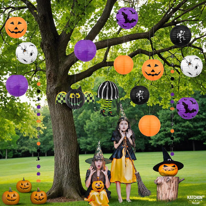 Halloween Hanging Paper Lanterns Set, Pack of 15 | Halloween Paper Lanterns, Halloween Honeycomb Decorations for Halloween Decorations