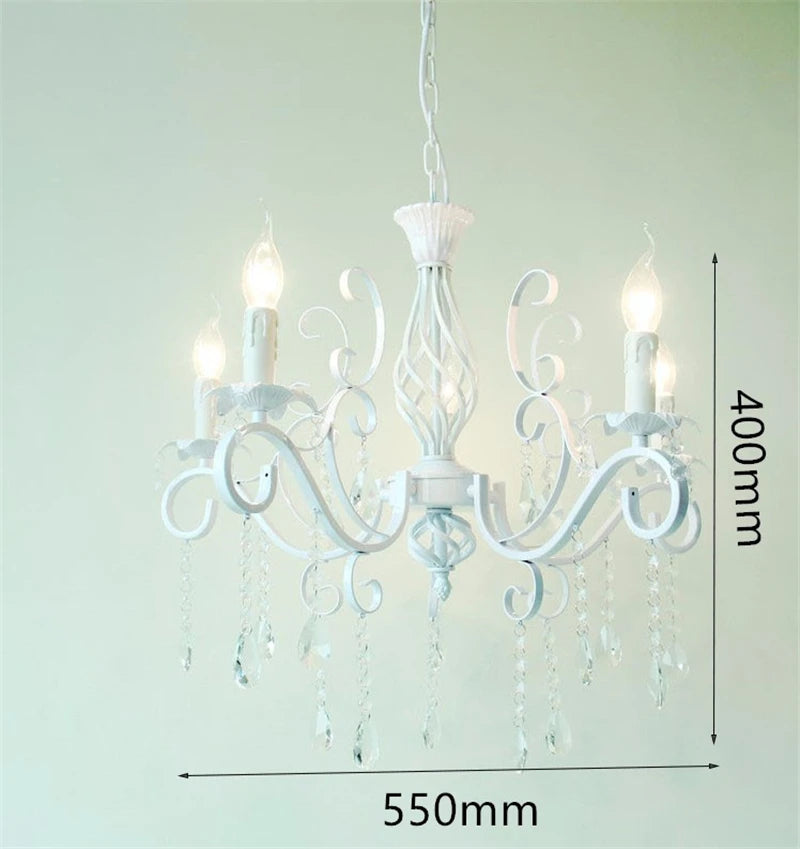 Home Vintage Wrought Iron Crystal Chandelier White Ceiling Lamp E14 Candle Lights Lighting Fixture