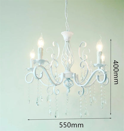 Home Vintage Wrought Iron Crystal Chandelier White Ceiling Lamp E14 Candle Lights Lighting Fixture