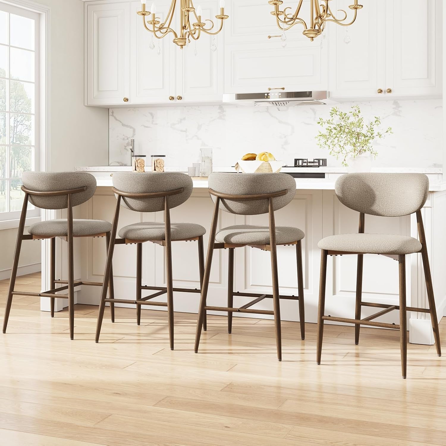 Bar Stools Set of 4, Counter Height Bar Stools, Kitchen Bar Stools with Backs, Modern Upholstered, Modern Bar Stools with Metal Legs for Kitchen Island, Counter, Camel