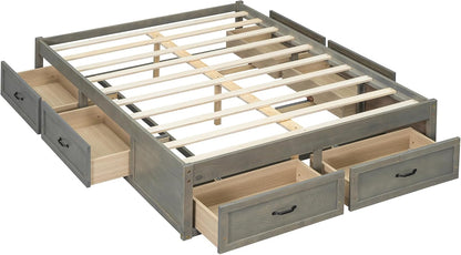 Full Size Platform Bed, Wooden Full Bed with 6 Storage Drawers, Antique Gray