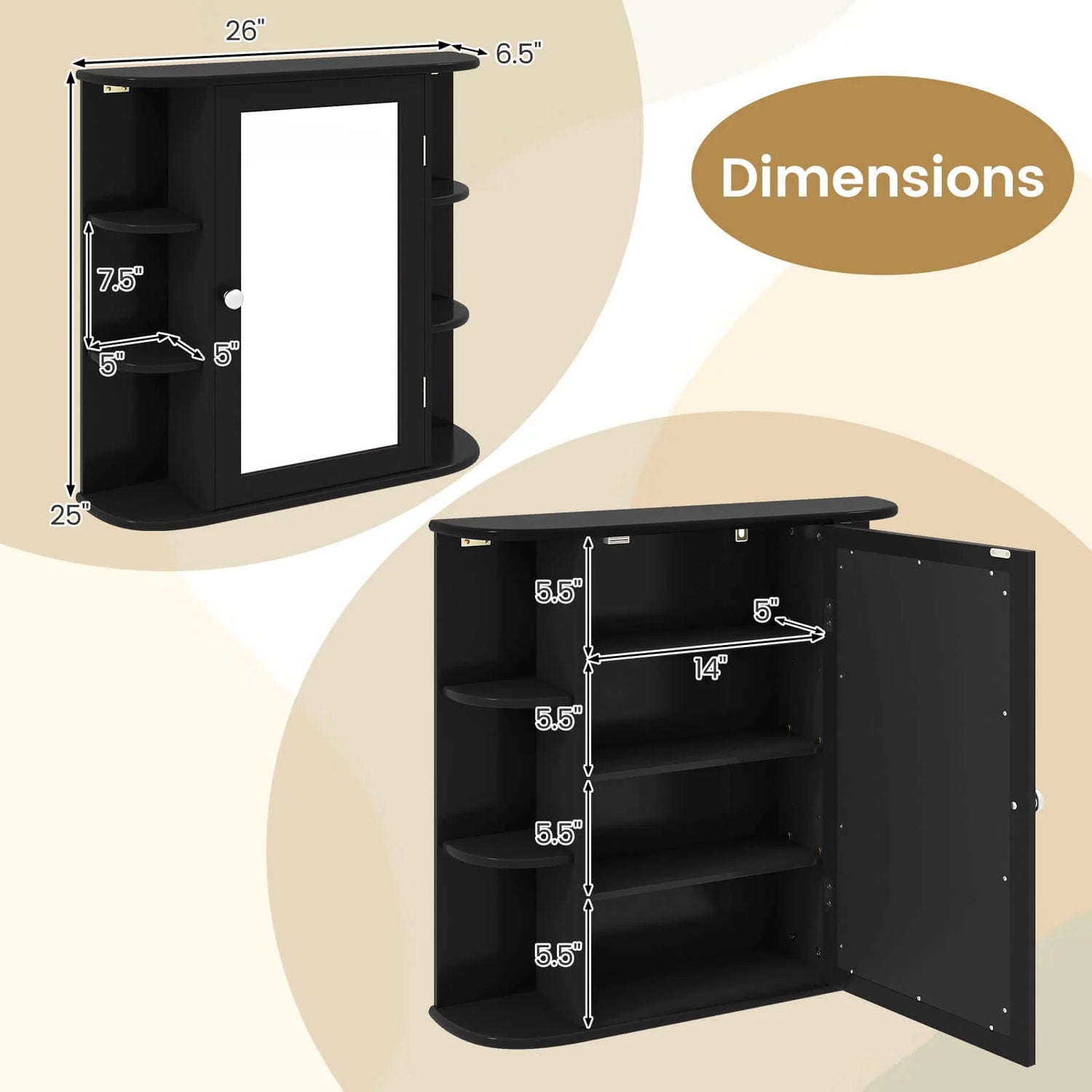 Multipurpose Mount Wall Surface Bathroom Storage Cabinet Mirror Black