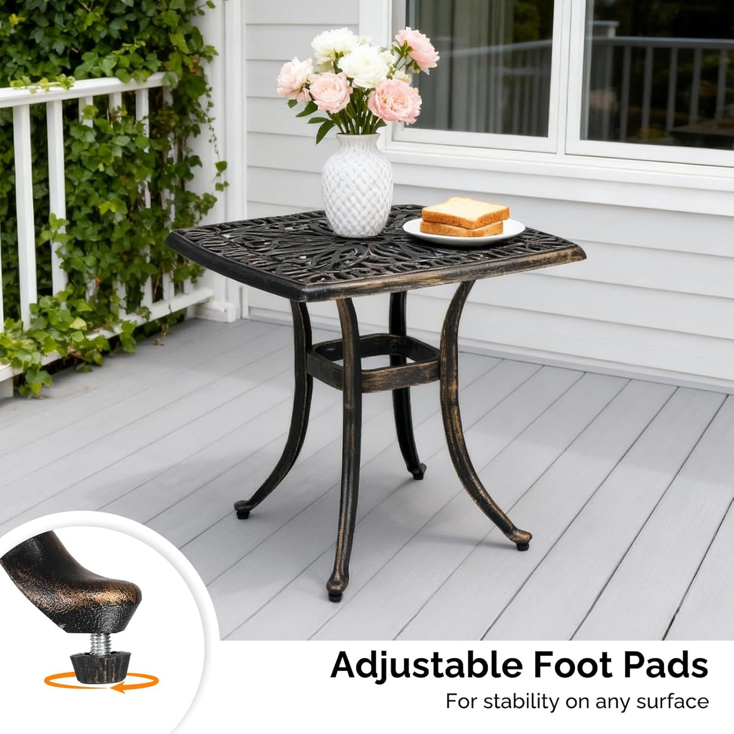 21” Outdoor Side Table, Cast Aluminum All-Weather Patio Side Table Small Outdoor Table Bistro Table for Outside, Porch, Balcony, Patio, Bronze