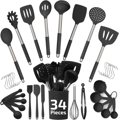 Silicone Kitchen Utensils Set 34 Pieces 450 °F Heat Resistant - Black Cooking Utensils-Set for Nonstick Cookware - Silicone Spatulas Set, Stainless Steel Handle & Other Kitchen Accessories