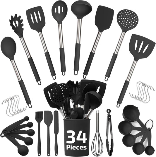 Silicone Kitchen Utensils Set 34 Pieces 450 °F Heat Resistant - Black Cooking Utensils-Set for Nonstick Cookware - Silicone Spatulas Set, Stainless Steel Handle & Other Kitchen Accessories
