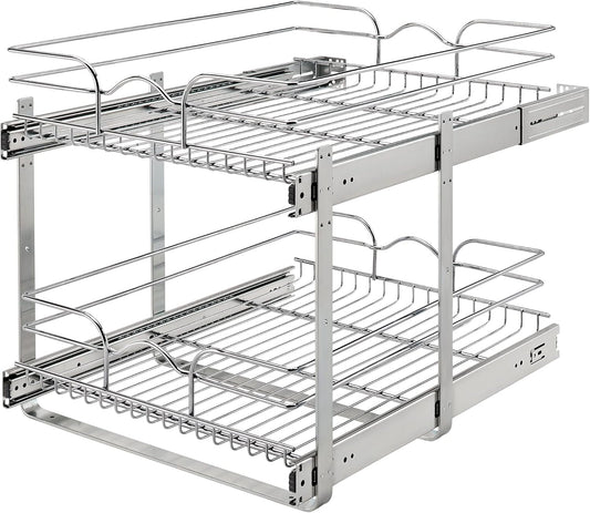2-Tier Pullout Shelf and Drawer Organizer for Kitchen Cabinets, Slide Out Storage Basket, Min Opening Width of 17.5", 18" X 22", 5WB2-1822CR-1