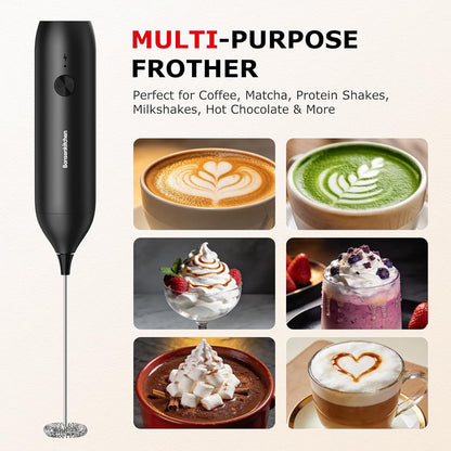 Rechargeable Milk Frother Handheld, Electric Drink Mixer with Stainless Steel Whisk, Charging USB-C, Portable Foam Maker for Coffee Matcha Lattes Cappuccino, Kitchen Gifts