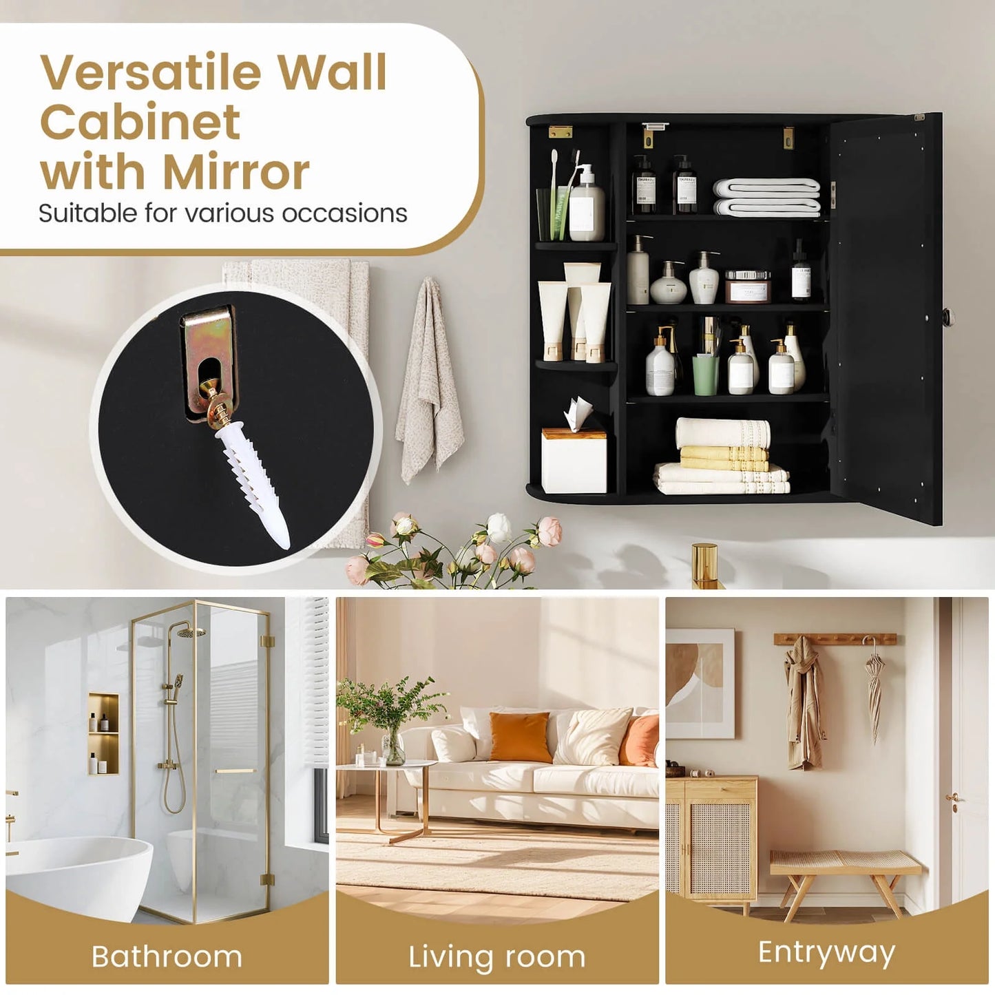 Multipurpose Mount Wall Surface Bathroom Storage Cabinet Mirror Black