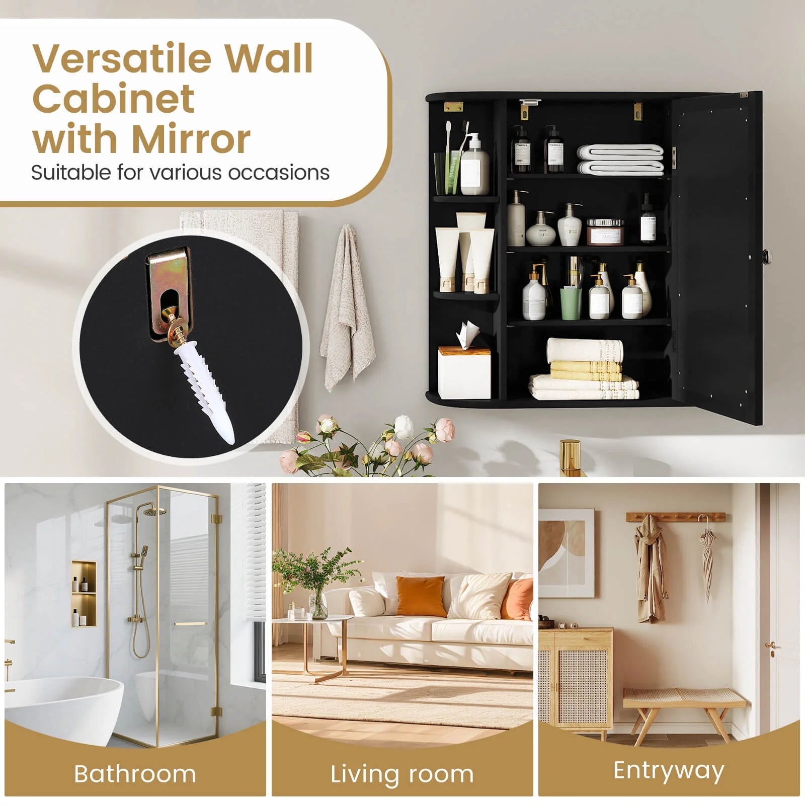 Multipurpose Mount Wall Surface Bathroom Storage Cabinet Mirror Black