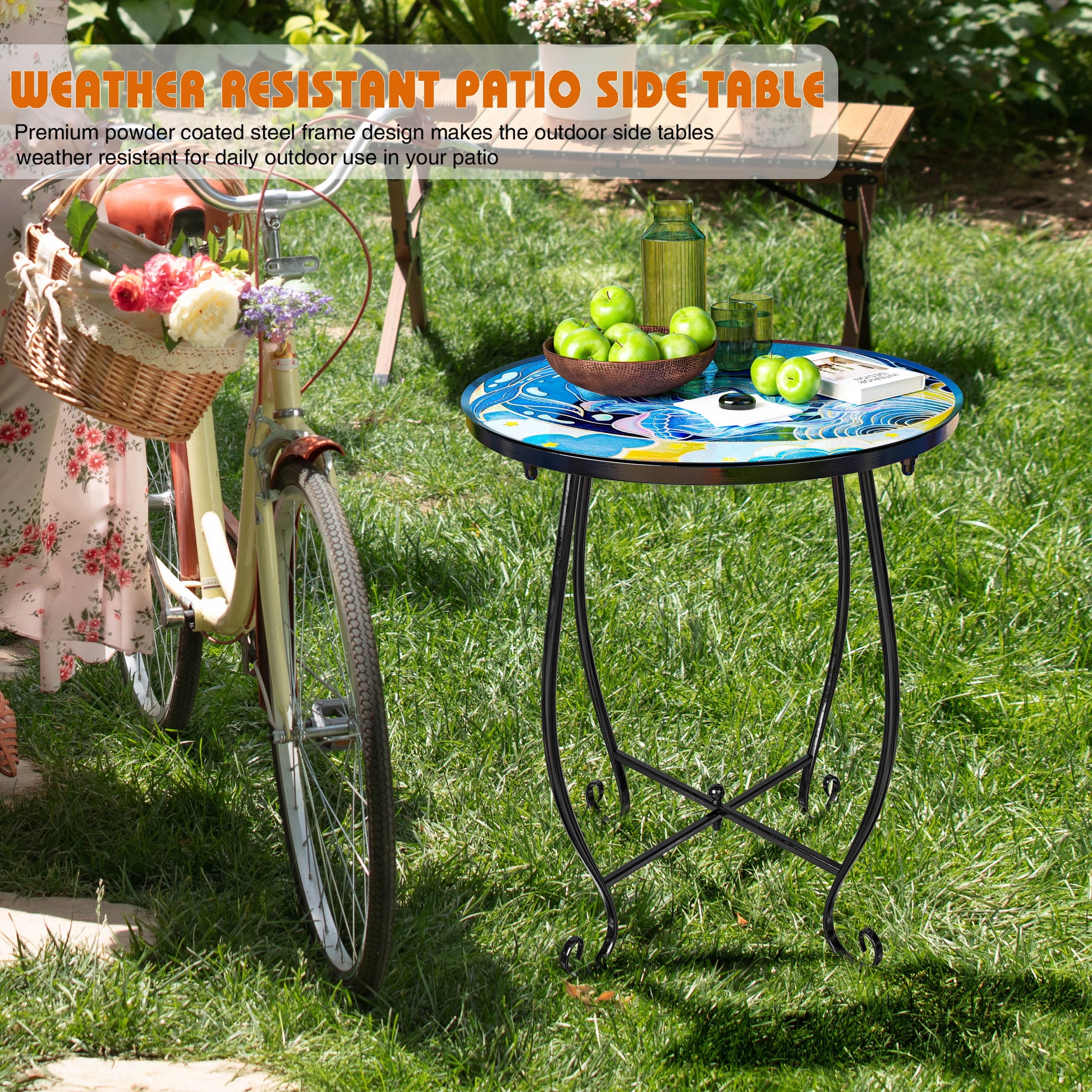2 Pack Outdoor Mosaic Side Table, 17 Inch High Small Patio Outdoor Table, Indoor Folding round Side Table for Bistro Balcony Garden